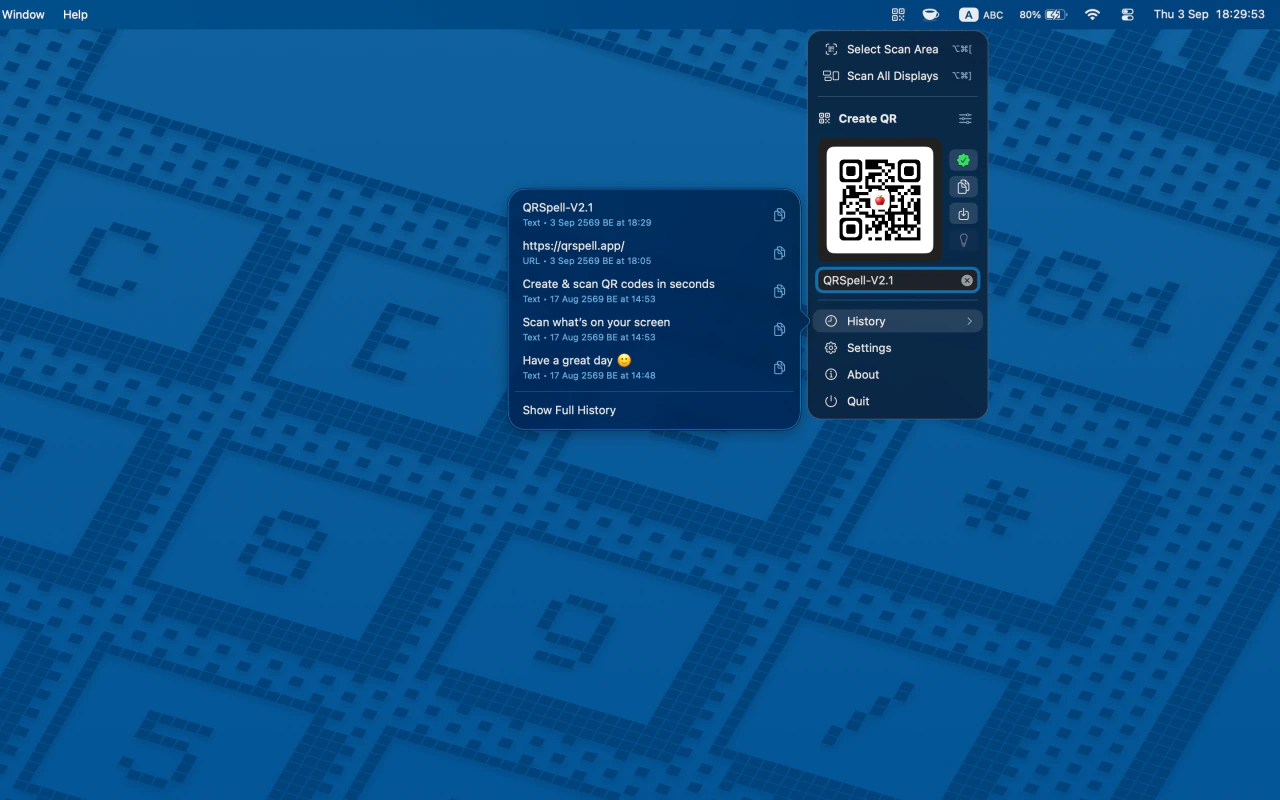 QRSpell menu bar panel showing scan controls, recent results, and a QR code generator