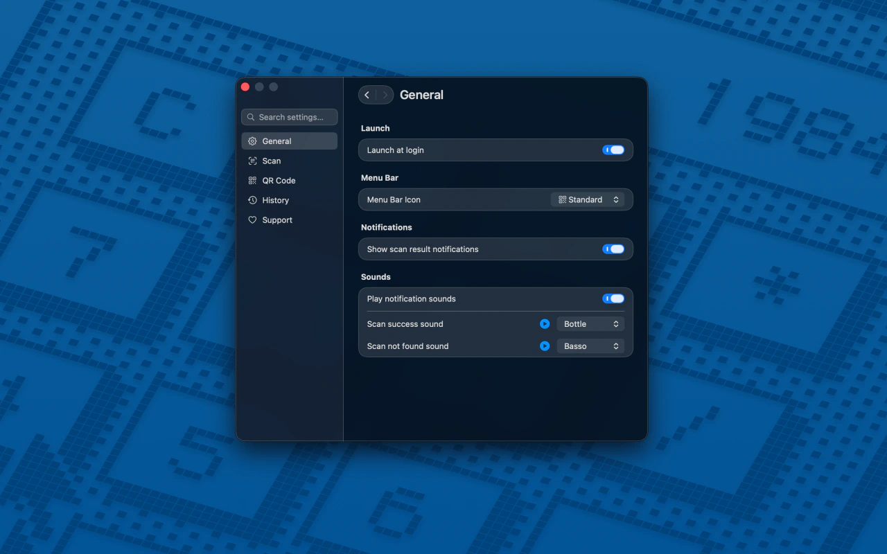 QRSpell General settings for launch behavior, menu bar appearance, notifications, and sounds