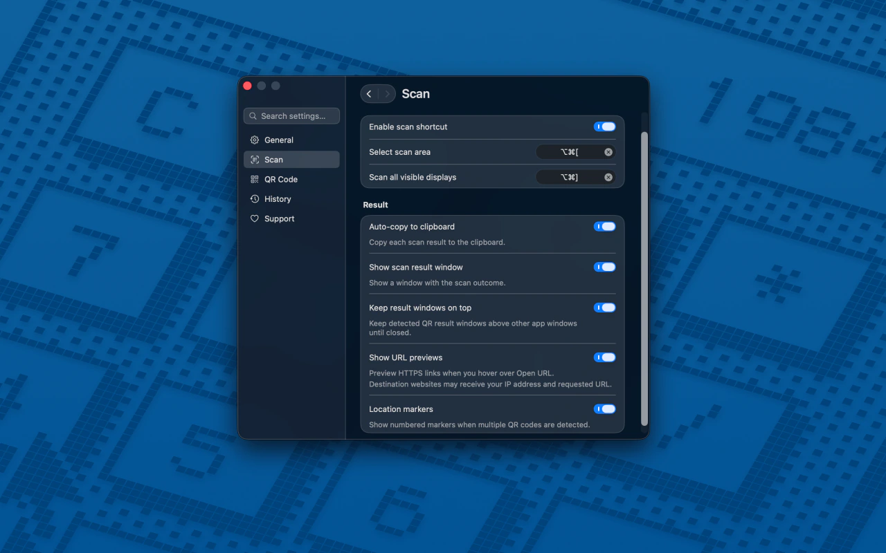 QRSpell Scan settings with shortcuts, keep result windows on top, and optional URL previews
