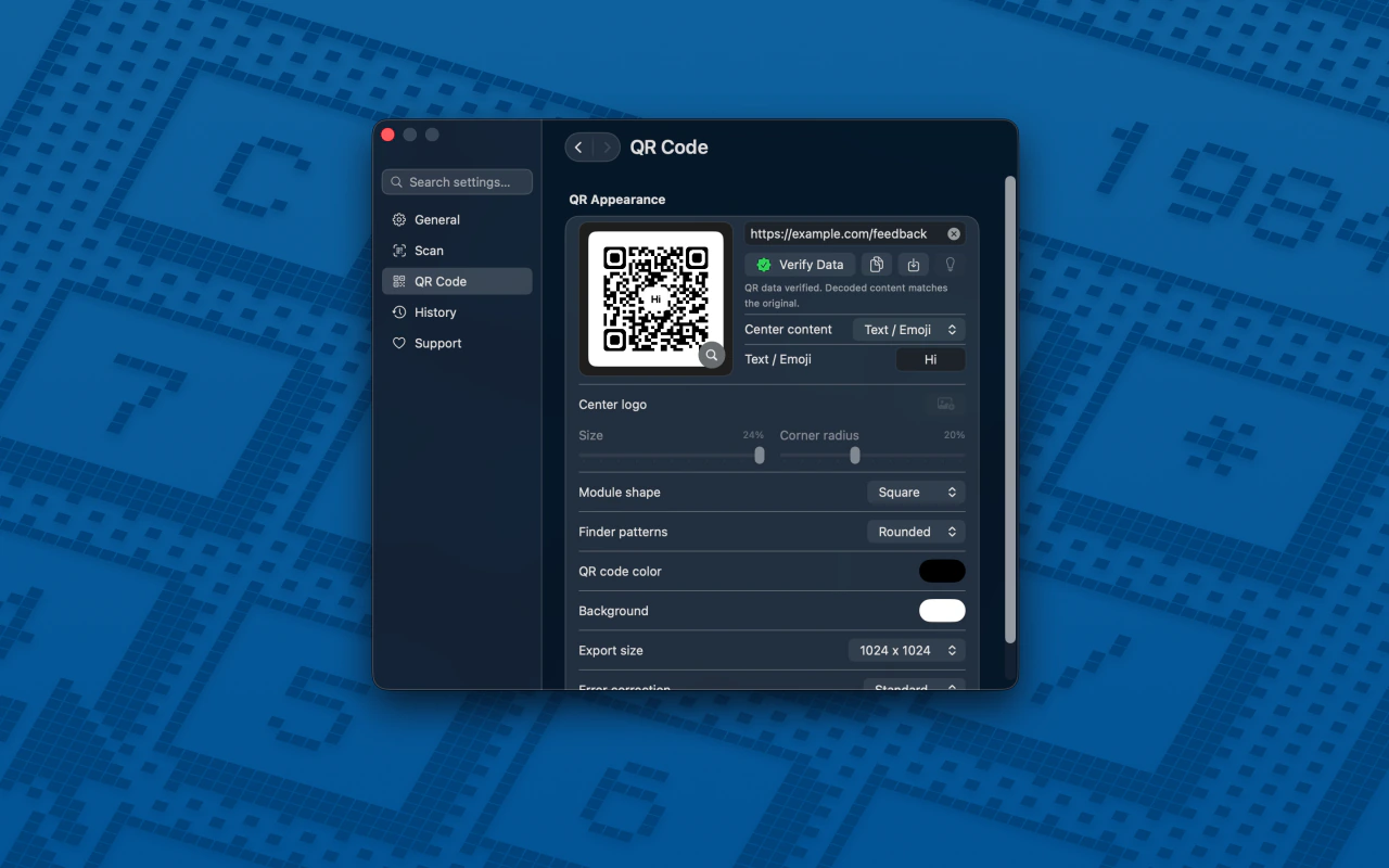 QRSpell QR Code settings with a custom QR design and successful data verification