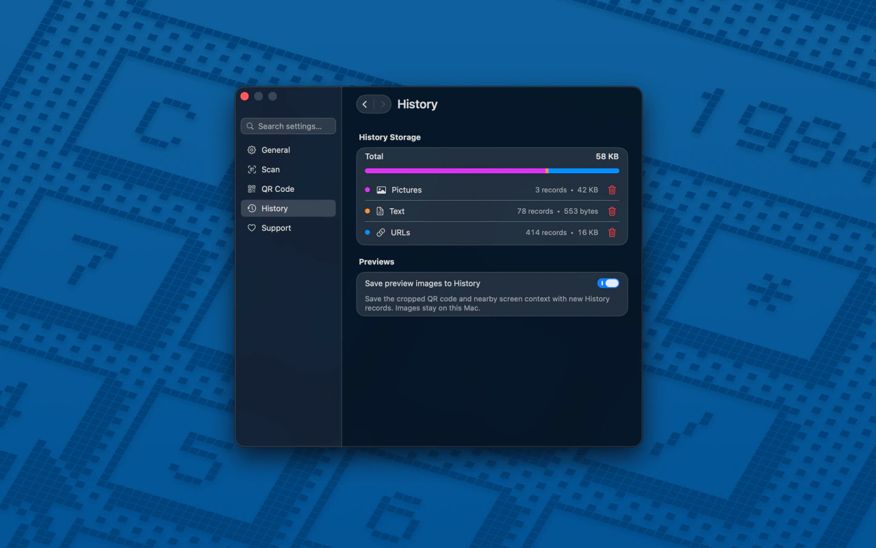 QRSpell History settings showing storage usage and the optional saved preview images setting