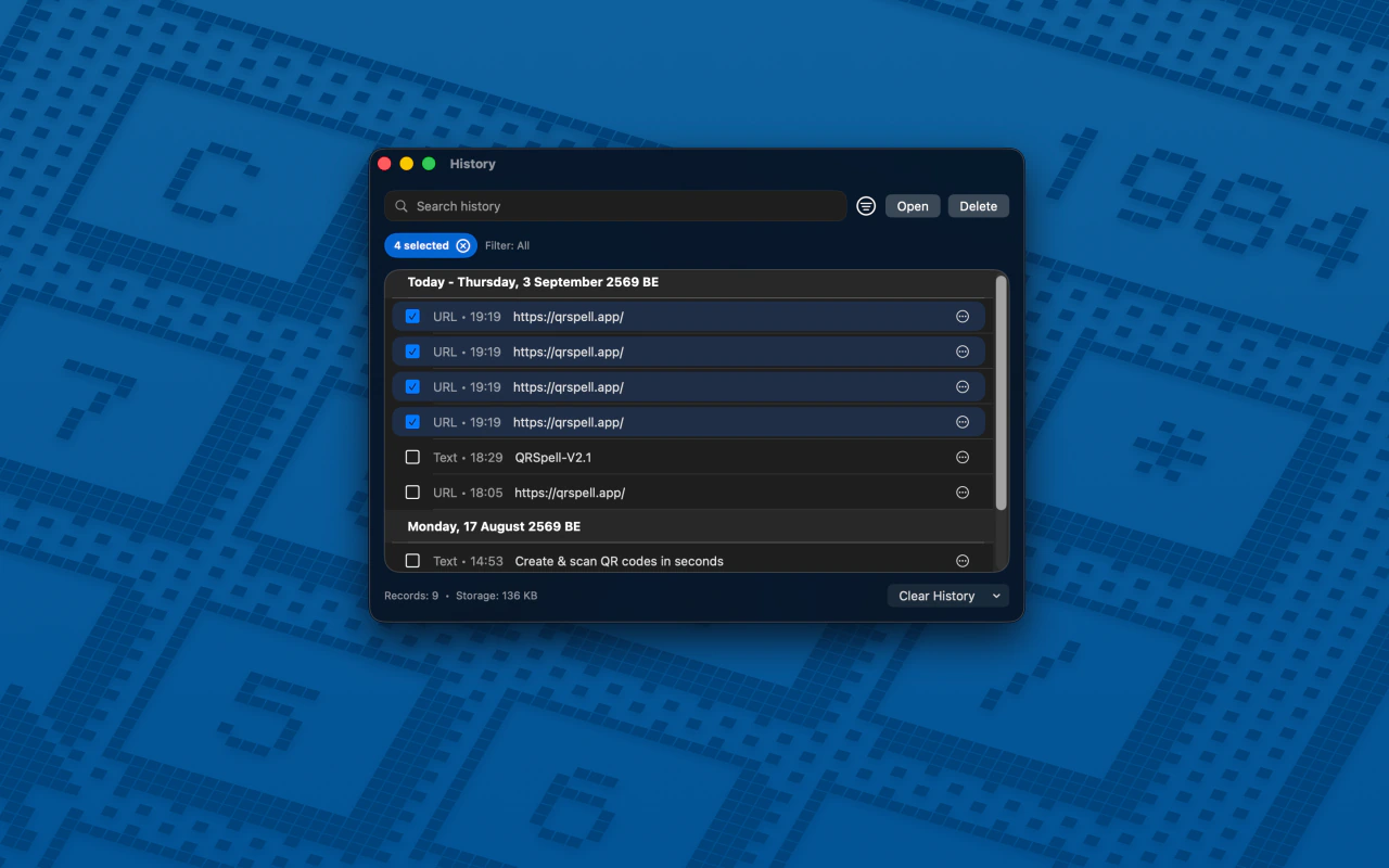 QRSpell History window with search, selected scan results, and storage usage