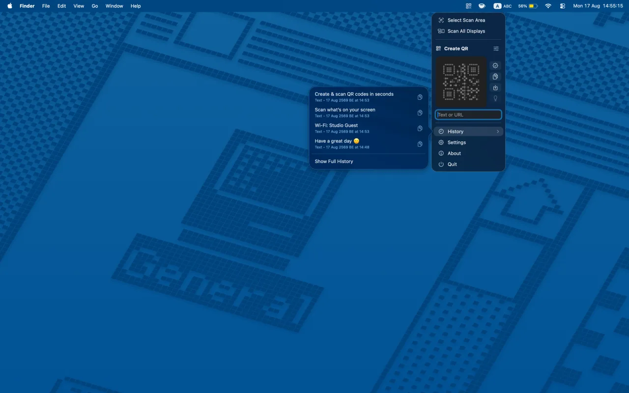 QRSpell menu bar panel showing scan controls, recent results, and a QR code generator