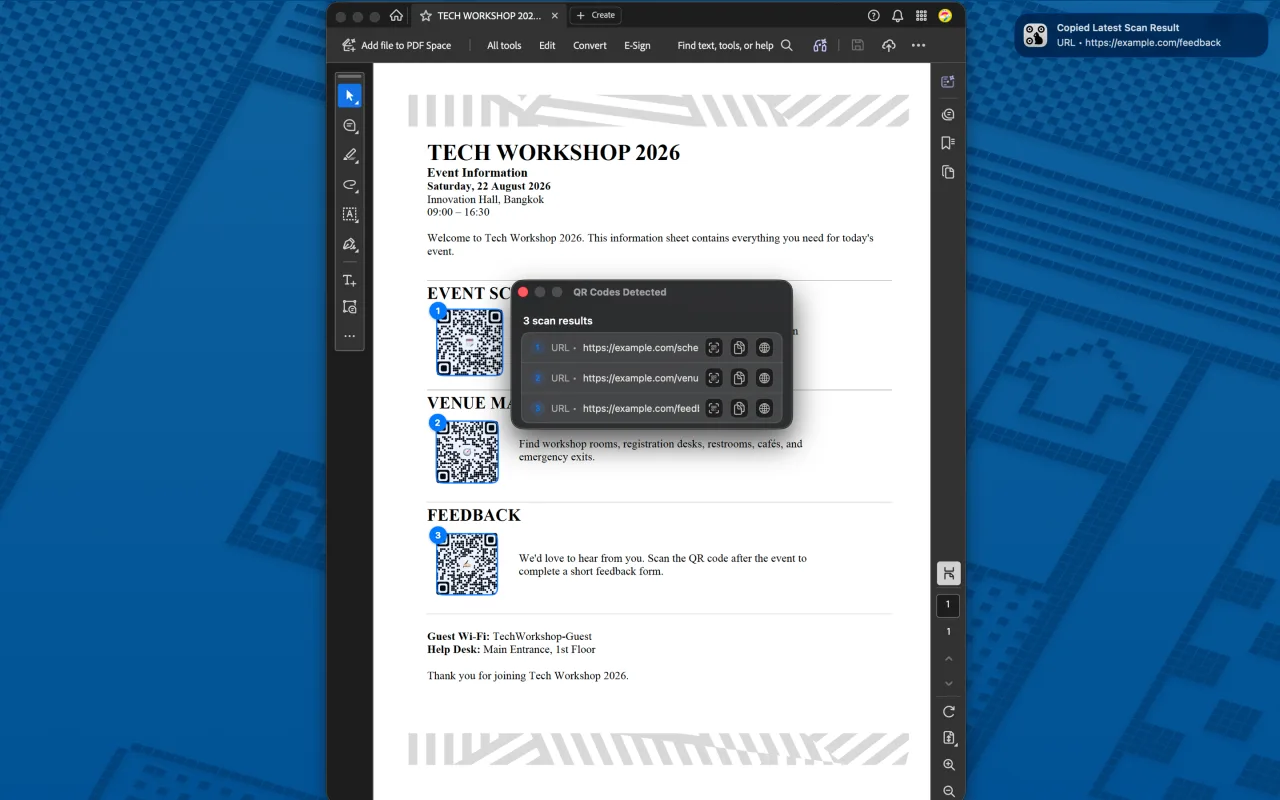 QRSpell detecting three QR codes on a workshop document and presenting their results