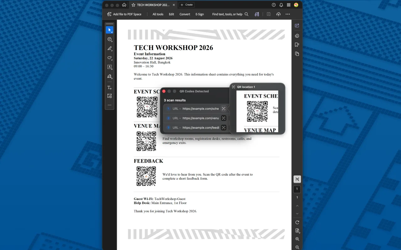 QRSpell showing detected QR code results alongside a preview of the selected QR location