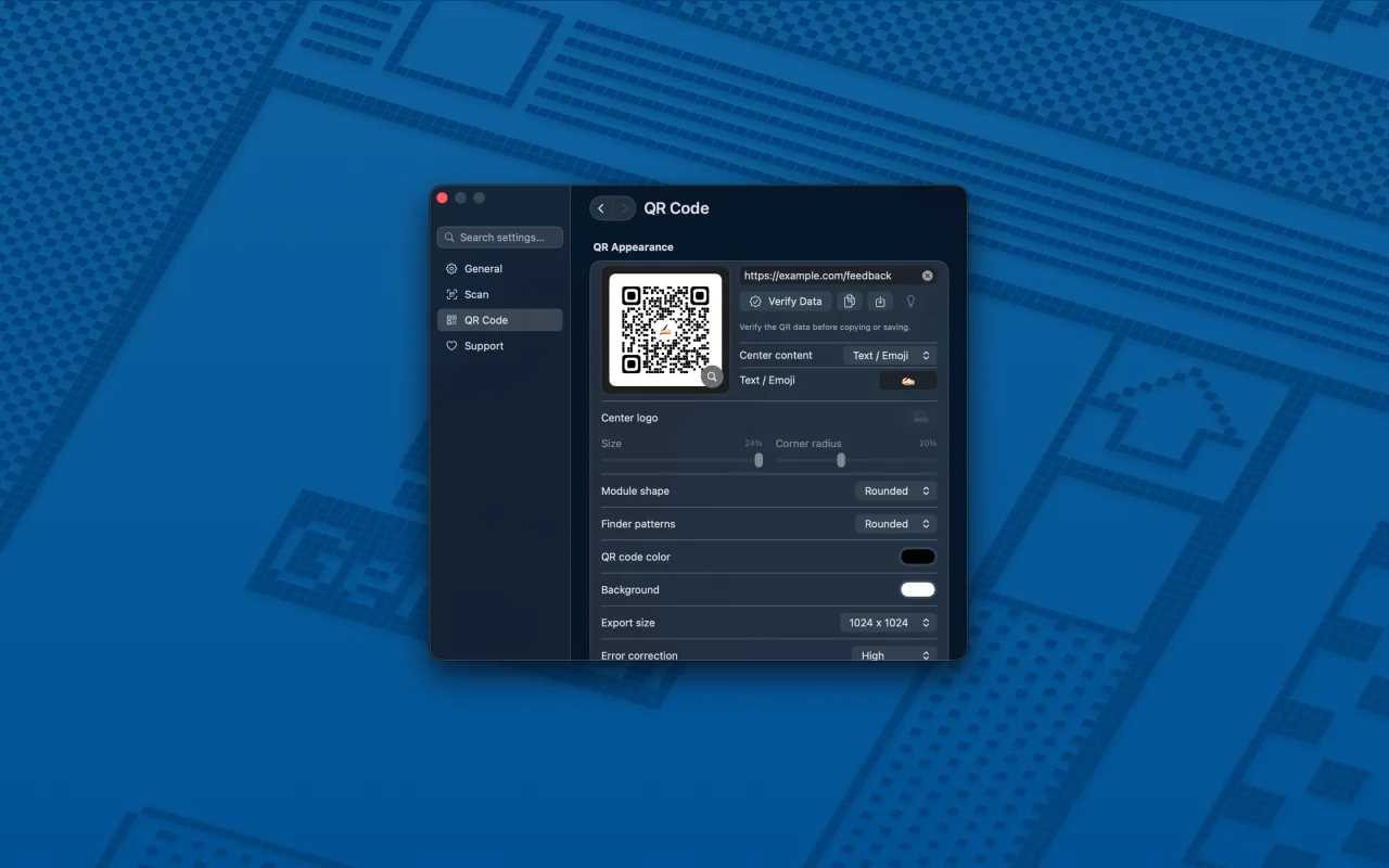 QRSpell QR Code settings showing a customizable QR preview and export controls