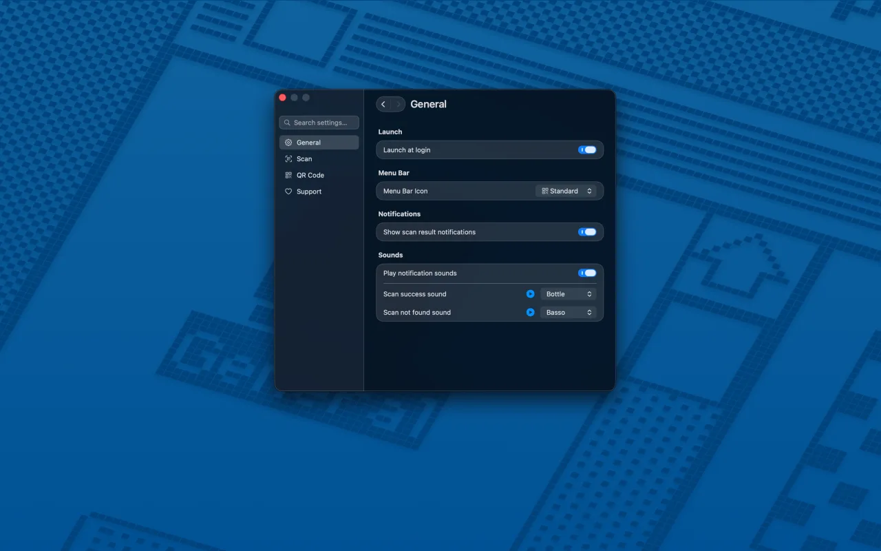 QRSpell General settings for launch behavior, menu bar appearance, notifications, and sounds