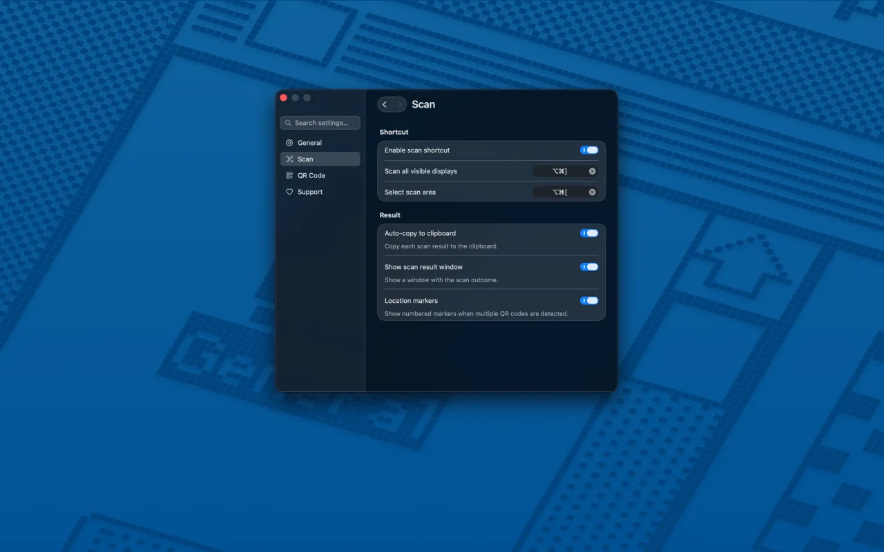 QRSpell Scan settings for shortcuts, scan results, automatic copy, and location markers